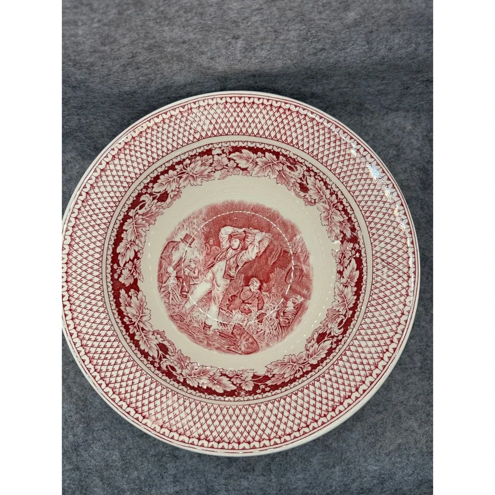 Homer Laughlin Currier & Ives Red Transferware Covered Bowl Husking Partridge
